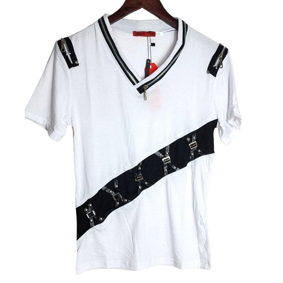 Vento Vassari Men's Small Zipper Collar & Sleeve Black Faux Leather Buckle Shirt - Picture 1 of 8
